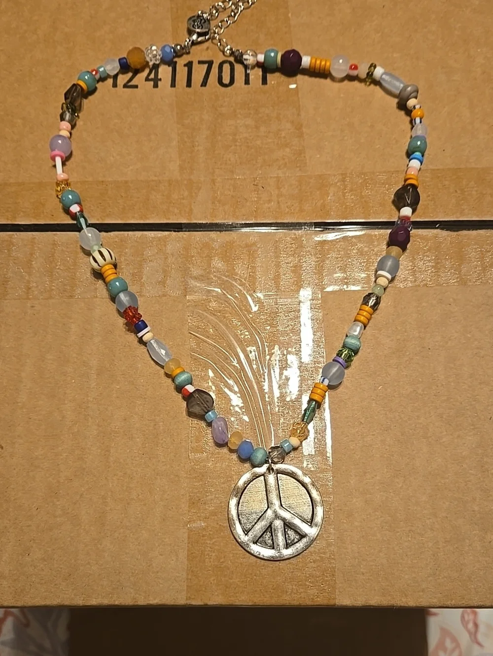 NWT Plunder Multicolor Beaded Necklace with Silver Peace Pendant